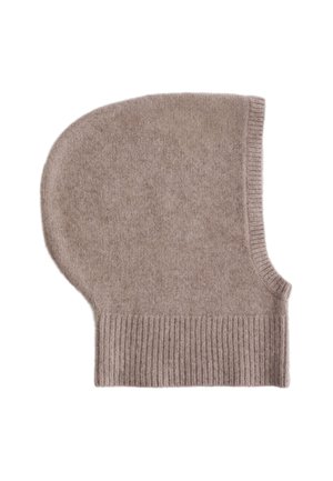 Hellbraune gestrickte Balaclava aus weicher Wolle, mit einem abgerundeten oberen Teil und einem gerippten Saum für Wärme und Komfort.