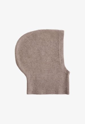 Hellbraune gestrickte Balaclava aus weicher Wolle, mit einem abgerundeten oberen Teil und einem gerippten Saum für Wärme und Komfort.