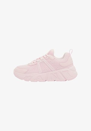 Pink sneaker with mesh and synthetic upper, thick rubber sole, rounded toe, reinforced accents, and a tab at the heel for easy wear.
