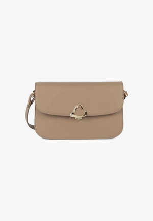 Beige rectangular crossbody bag with flap and gold heart-shaped clasp, adjustable shoulder strap, smooth leather finish.