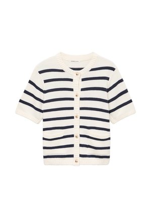 Wit vest met korte mouwen en marineblauwe horizontale strepen, knopen aan de voorkant, twee voorzakken en een ronde halslijn.