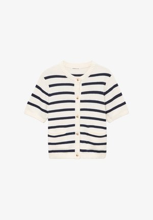 Wit vest met korte mouwen en marineblauwe horizontale strepen, knopen aan de voorkant, twee voorzakken en een ronde halslijn.