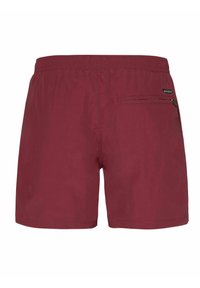 Un short de bain bordeaux en tissu léger et fluide, avec une taille élastique et une poche zippée �à l'arrière. Un design minimaliste sans motifs.