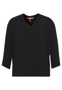 Schwarzes V-Ausschnitt-Oberteil aus leichtem Stoff. Mit Dreiviertelärmeln und einer lockeren, kastigen Form sowie einem schlichten, unauffälligen Design.