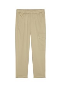 Beige broek met een elastische tailleband, rechte pijpen en een zijzak. Gemaakt van een gladde stof, met minimale stiksels en zonder patronen.