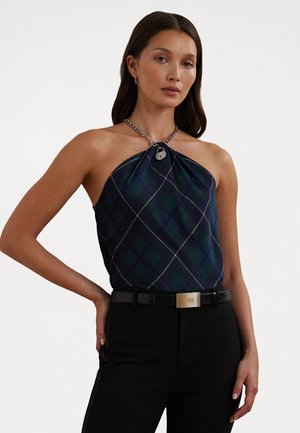 PLAID CHAIN TRIM CHARMEUSE HALTER BLOUSE - Blūze - blue/black/green