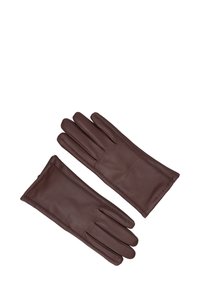 Brązowe skórzane rękawiczki o gładkiej fakturze, z czterema palcami i przeszyciami wzdłuż krawędzi dla dodatkowego efektu.