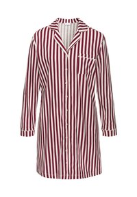 Svītrainā nakts krekls bordo un baltā krāsā, ar garām piedurknēm, platu apkakli, pogu aizdari, krūšu kabatu un apakšmalu līdz vidus augumam.