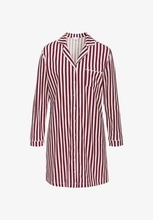 Prugasta nočna srajca v burgundski in beli barvi, z dolgimi rokavi, zareznim ovratnikom, sprednjim gumbom, žepom na prsih in robom sredi stegna.