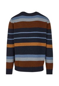 Maglione a righe lavorato a maglia con collo rotondo; presenta strisce orizzontali di blu scuro, marrone e blu chiaro, con polsini e fondo a costine.