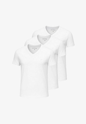 Tre T-shirt bianche con scollo a V in cotone, con maniche corte, una vestibilità rilassata e un piccolo logo sul davanti.