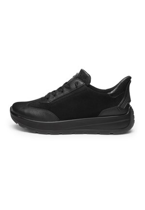 Black low-top sneaker with mixed leather and suede upper, lace-up closure, and thick rubber sole.