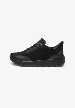 Black low-top sneaker with mixed leather and suede upper, lace-up closure, and thick rubber sole.