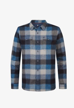 Pánská flanelová košile v modro-šedém kostkovaném vzoru. Má dlouhé rukávy, dvě náprsní kapsy, zapínání na knoflíky a klasický límec. Měkká textura.