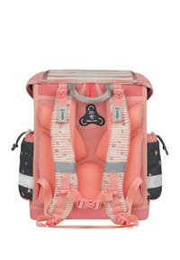 Pink and gray children's backpack with padded straps, mesh detailing, heart patterns, and side pockets. Includes adjustable buckles and a handle.