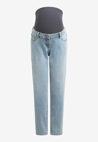 Jeans premaman a vita alta di un blu chiaro con un pannello elastico nero per la pancia, vestibilità dritta, bottone frontale e dettagli delle tasche.