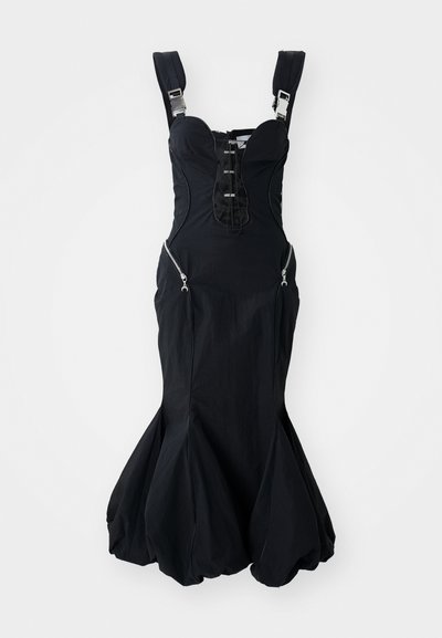 Black dress with structured bodice, adjustable straps, zippered side pockets, and flared bottom hem. Smooth fabric with a slight sheen.