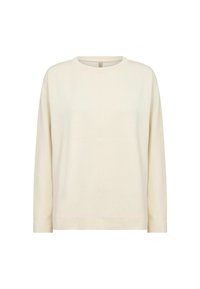Helles beigefarbenes Langarmshirt mit rundem Halsausschnitt, das ein einfaches Design und eine weiche Textur aufweist, hervorgehoben durch eine zentrale Nahtdetail.