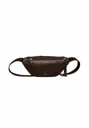 Marsupio in pelle marrone con forma arrotondata, tasca zip unica e tracolla regolabile. Texture liscia con un sottile dettaglio del marchio.