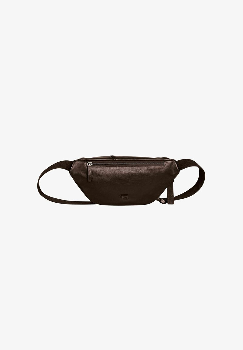 Marsupio in pelle marrone con forma arrotondata, tasca zip unica e tracolla regolabile. Texture liscia con un sottile dettaglio del marchio.