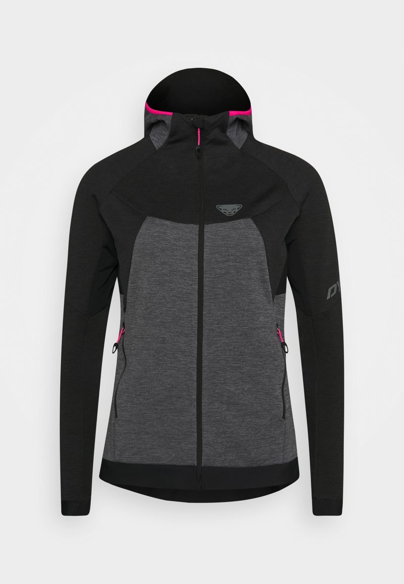 Sweat à capuche zippé noir et gris foncé avec des accents roses sur la fermeture éclair et un petit logo sur la poitrine, présenté de face sur un fond clair.