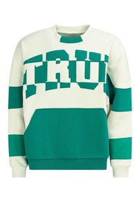 Bluza z blokami kolorów w zielonym i kremowym odcieniu z napisem "TRUE" w pogrubionych literach, z okrągłym dekoltem, długimi rękawami i przednią kieszenią.