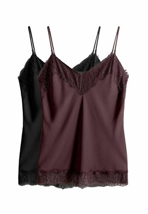 Two camisoles: one burgundy and one black, both with lace trim along the neckline and hem, featuring thin adjustable straps.