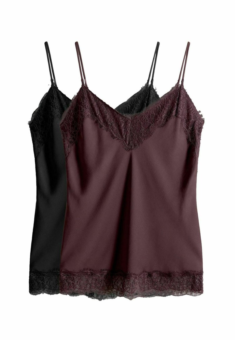 Two camisoles: one burgundy and one black, both with lace trim along the neckline and hem, featuring thin adjustable straps.