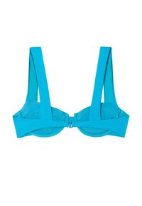Sujetador turquesa con tirantes anchos acanalados, soporte de aros y una textura suave. Presenta un cierre seguro de gancho y ojal en la parte posterior.