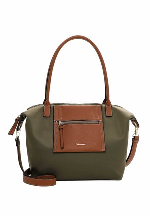 Olive green shoulder bag with brown faux leather accents. Features a front zip pocket and dual handles. Detachable shoulder strap included.