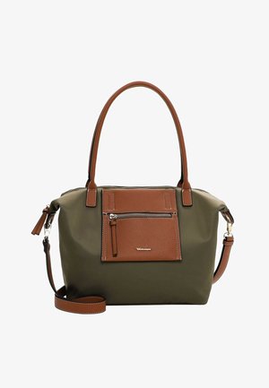 Olive green shoulder bag with brown faux leather accents. Features a front zip pocket and dual handles. Detachable shoulder strap included.