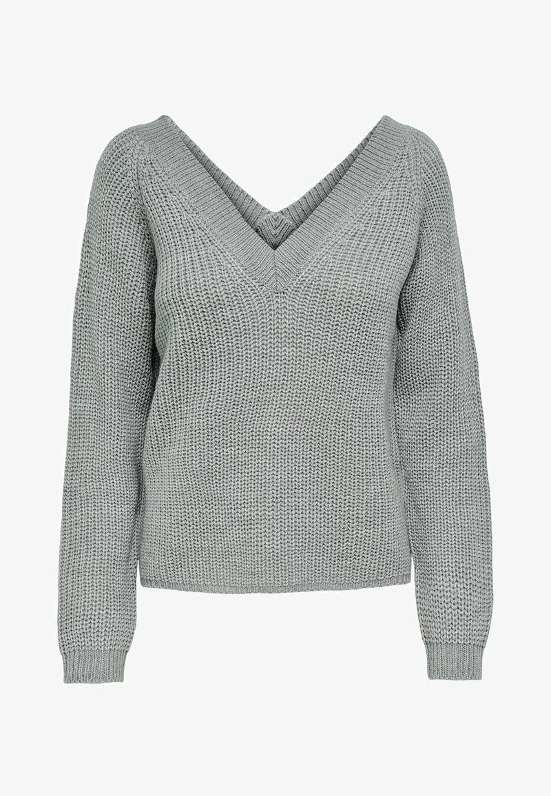Pull tricoté gris clair à manches longues avec un large col en V, montrant un motif de maille texturé sur toute la surface.