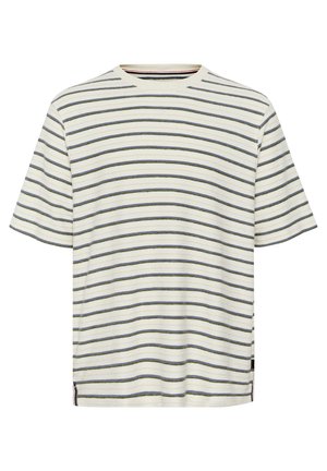 Striped T-shirt in cream with blue and gray horizontal stripes. Short sleeves, crew neck, and side slit with a contrasting tag detail.