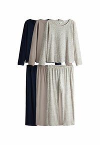 Zestaw czterech bluzek z długim rękawem oraz spodni w kolorze granatowym, beżowym i w wzór lamparta. Wykonany z bawełny, w luźnym kroju i z elastycznymi pasami.