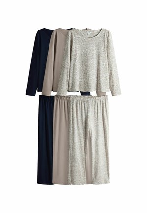 Set of four long-sleeve tops and pants in navy, beige, and a leopard print pattern. Cotton material with a relaxed fit and elastic waistbands.