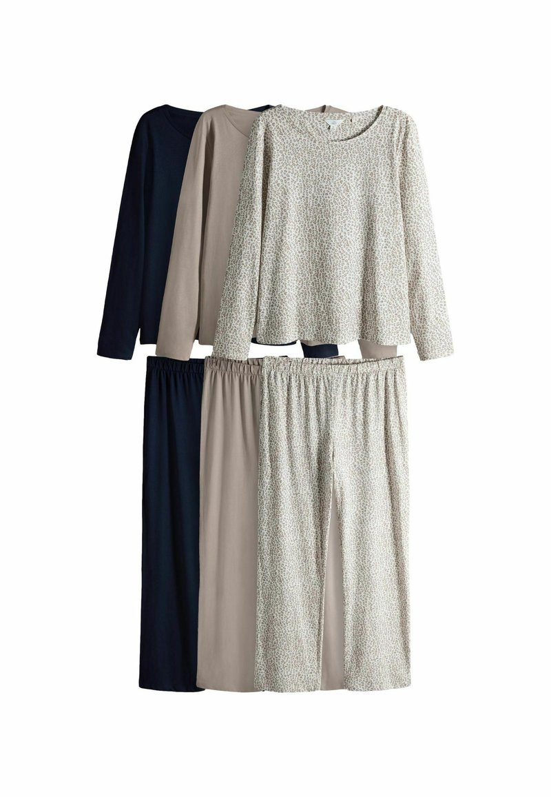 Zestaw czterech bluzek z długim rękawem oraz spodni w kolorze granatowym, beżowym i w wzór lamparta. Wykonany z bawełny, w luźnym kroju i z elastycznymi pasami.