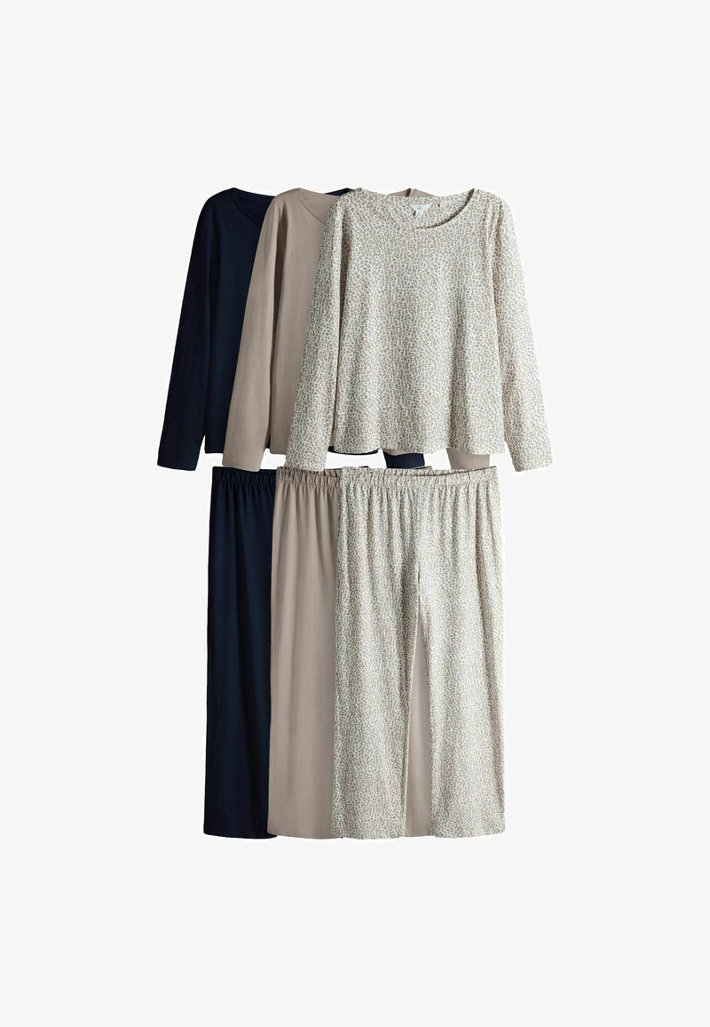 Zestaw czterech bluzek z długim rękawem oraz spodni w kolorze granatowym, beżowym i w wzór lamparta. Wykonany z bawełny, w luźnym kroju i z elastycznymi pasami.