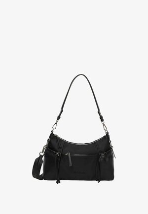 Bolsa de hombro de nailon negro con una forma curva, compartimientos con cremallera dual y correa ajustable. Presenta cordones decorativos y un logotipo.