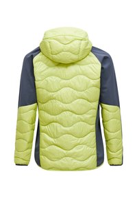 Kurtka ocieplana z intensywnie limonkowo-zielonym przodem z wzorem falistym, szarymi bocznymi panelami i dopasowanym kapturem. Gładka tekstura i lekka konstrukcja.
