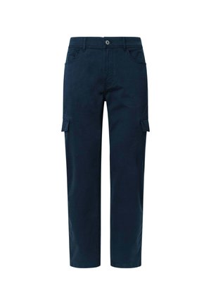 Pantalones cargo en azul marino oscuro con un corte recto, que cuentan con múltiples bolsillos, un cierre de botón y una textura de tela de algodón suave.