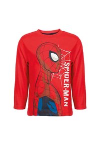Rotes Langarmhemd mit einem großen Spiderman-Profil-Graphic, Webdesign und dem Wort "SPIDER-MAN" in Weiß an der rechten Seite.