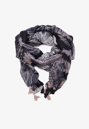 Sciarpa nera e grigia con un motivo astratto, realizzata in tessuto morbido, con bordi frangiati beige e neri.