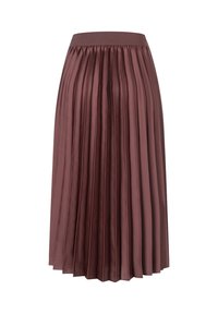 Faltender Midirock aus mauvefarbenem Satin mit elastischem Bund und aufwändigen vertikalen Falten, der eine glatte Textur und eine fließende Silhouette bietet.