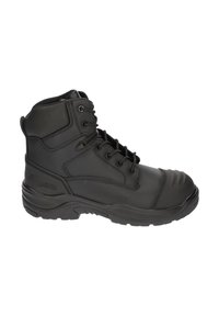 Black leather ankle boot with round toe, six eyelets for laces, padded collar, and textured rubber sole. Features reinforced toe cap detail.