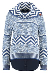Suéter de punto azul y blanco con cuello de cowl, que presenta un patrón texturizado y rayas en forma de chevron. Incluye un dobladillo sólido en color marino.