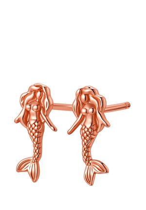 Rose gold stud earrings shaped like mermaids with long hair and detailed scales on their tails.
