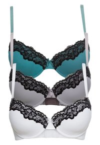 Trois soutiens-gorge disposés verticalement : bleu canard, gris et blanc. Tous présentent des bordures en dentelle noire, des bonnets lisses et des bretelles réglables.