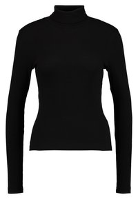 Schwarzes, geripptes Rollkragenoberteil mit langen Ärmeln, das eine figurbetonte Silhouette hat und einen hohen Kragen aufweist. Der Stoff hat eine glatte Textur und ein dehnbares Design.