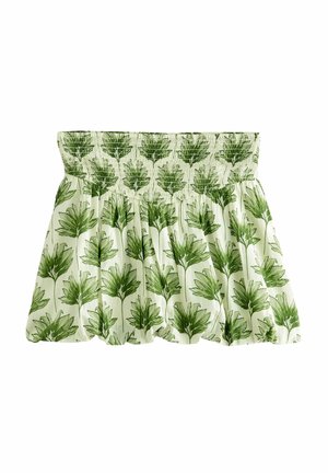 Gonna con motivo a foglie verdi e vita arricciata. Realizzata in tessuto leggero, presenta una silhouette svasata e una texture morbida.