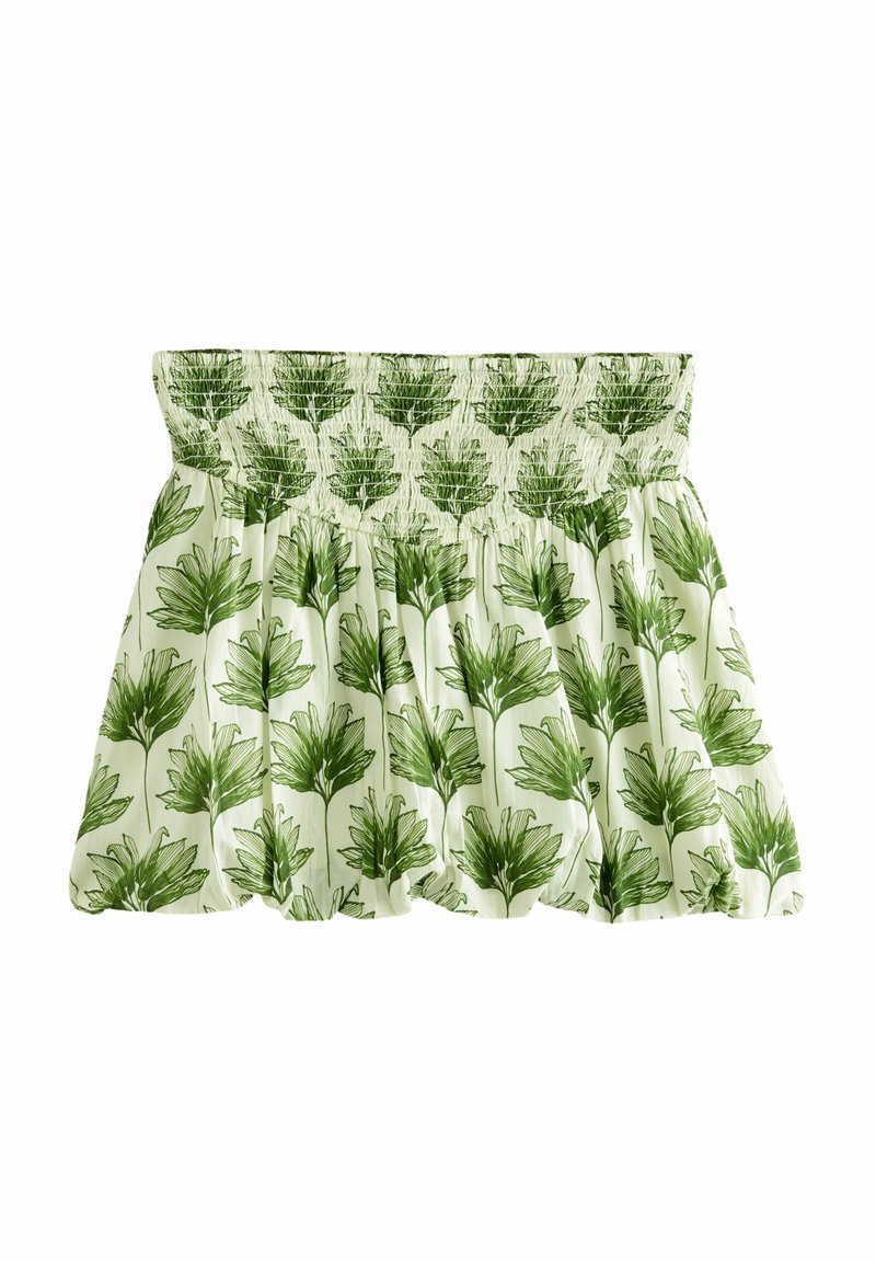 Groene rok met bladerenpatroon en een smocktailleband. Gemaakt van lichtgewicht stof, met een uitlopende silhouet en een zachte textuur.